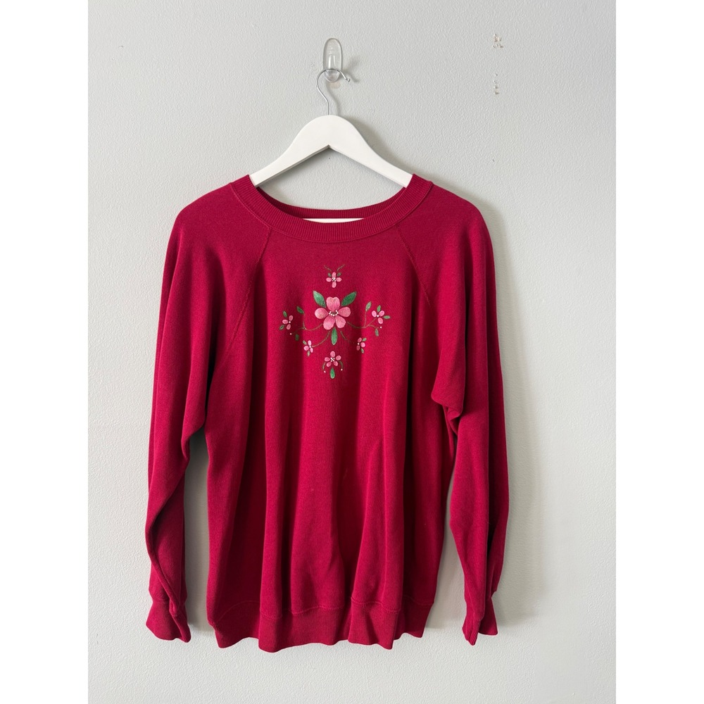 Vintage Handpainted Floral Crewneck Sweatshirt 80s Cottagecore Women's Medium